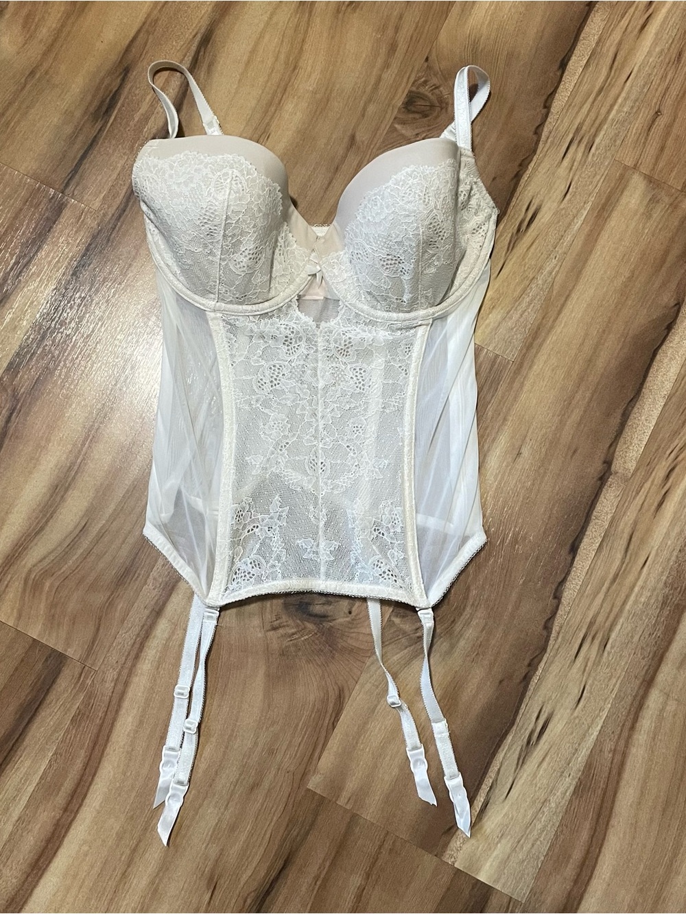 VS Sexy Lingerie White Lace Mesh Bustier Corset Top Garter Straps Size 36D